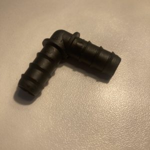 Picture of black hose connector with a 90 degree angle.